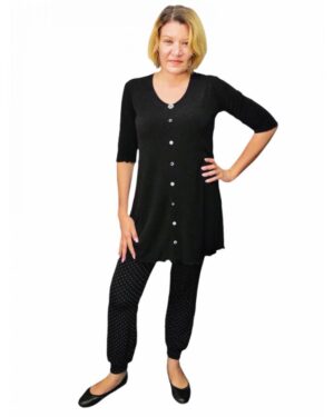 Taryn wears a Size inclusive Small button detail top and gypsy pants