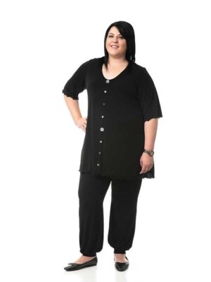 Elize wears a Plus size Miracle Top - Black & White Button Detail, Gypsey Pants