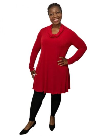 Norah wears a red bon miracle shape slouch cowl top with black leggings