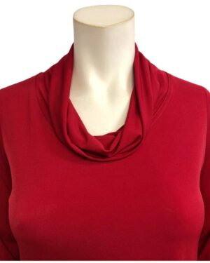 Red Bon Miracle shape top with slouch cowl close-up