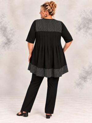 Hayley Joy Contrast Pintuck Top - Black & White Stripes back view