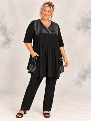 Hayley Joy Contrast Pintuck Top - Black & White Stripes front view