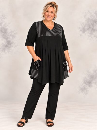 Hayley Joy Contrast Pintuck Top - Black & White Stripes front view