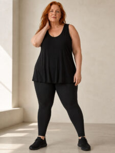 Black plus size leggings, styled photo, worn by a size 5XL model (fits sizes 4XL to 7XL) - Hayley Joy