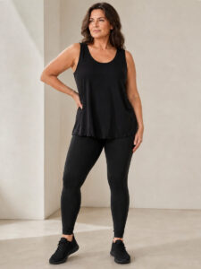 Black plus size leggings, styled photo, worn by a size Large model (fits sizes S to L) - Hayley Joy