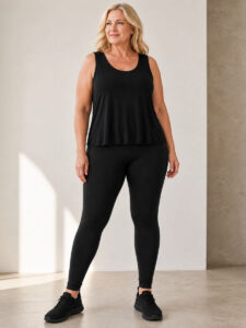 Black plus size leggings, styled photo, worn by a size 3XL model (fits sizes XL to 3XL) - Hayley Joy