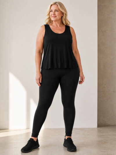 Black plus size leggings, styled photo, worn by a size 3XL model (fits sizes XL to 3XL) - Hayley Joy
