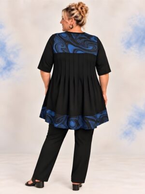 Cobalt Fractal plus size pintuck top, back view, pintucked black back with cobalt blue print yoke and hem band - Hayley Joy