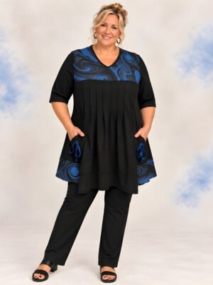 Cobalt Fractal plus size pintuck top, front view, black with swirling cobalt blue print yoke and pocket ties - Hayley Joy