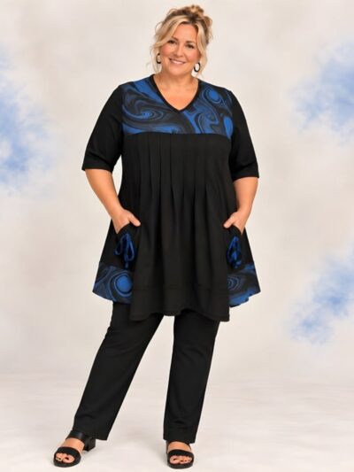 Cobalt Fractal plus size pintuck top, front view, black with swirling cobalt blue print yoke and pocket ties - Hayley Joy